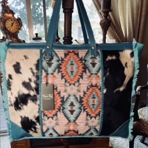XXL Myra Western Boho Aztec Leather Trim Weekender Travel Native American Bag